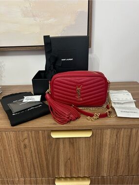 *AUTHENTIC - YSL Grain De Poudre Matelasse Monogram Mini Lou Camera Bag Eros Red